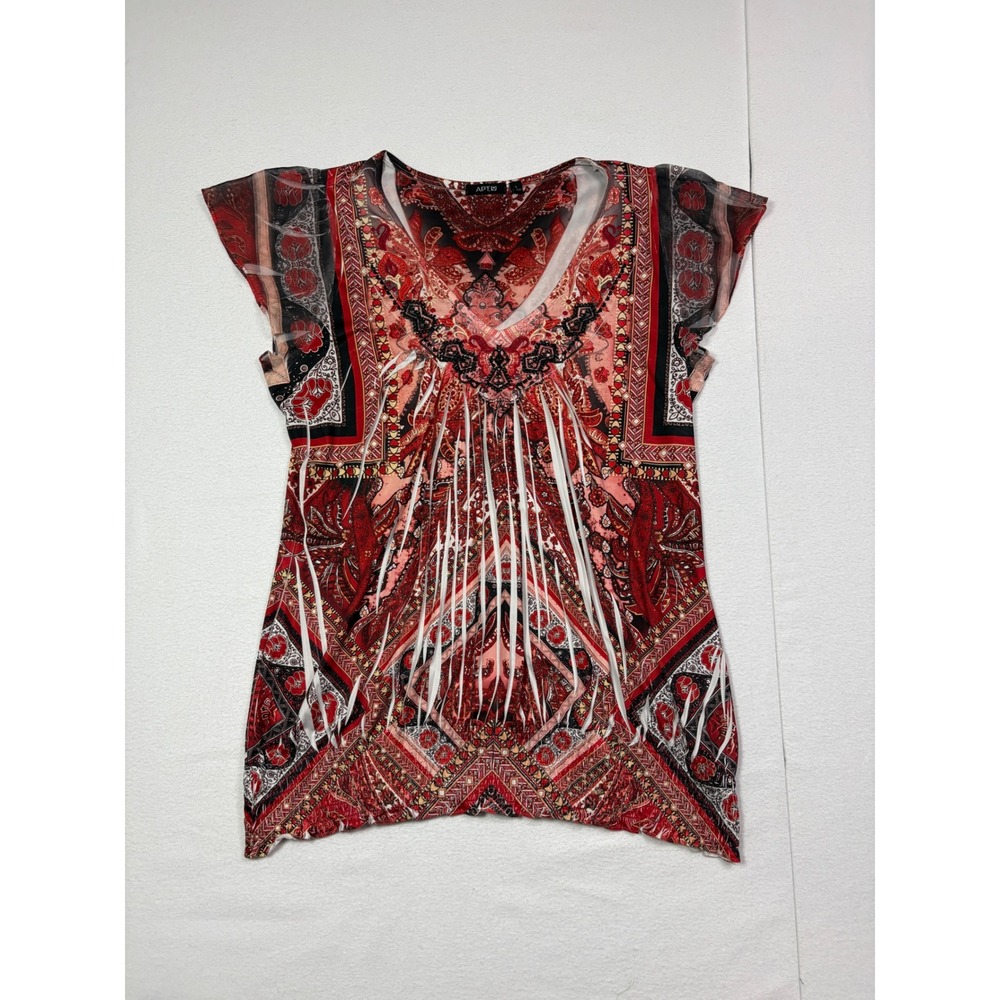 Apt 9 Womens Red Paisley V-Neck Cap Sleeve Elastic Hem Blouse Size Large
